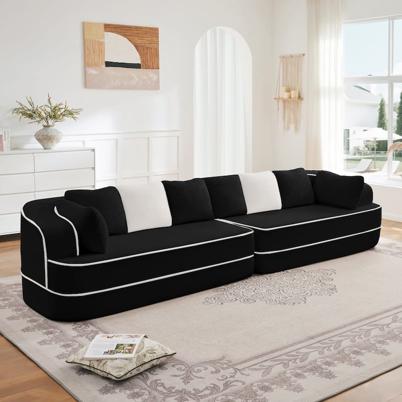 135" Two-Tone Sofa Teddy Fabric Sofa, Boneless Couch with Sponge Cushions, Stylish Sectional Sofa with Pillows for Living Room - Black