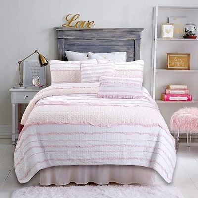 Cozy Line Pretty in Pink Ruffle Stripe Cotton Quilt Bedding Set