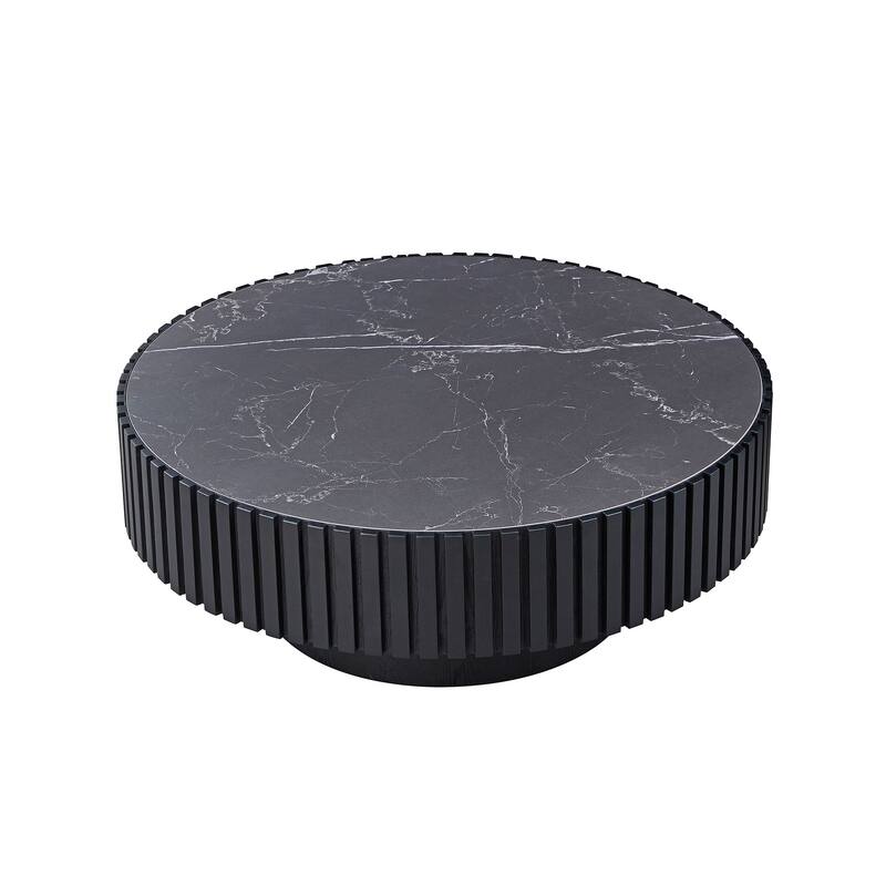 Luxury Round Coffee Table with Faux Marble Top, 35.43" Modern Low Drum Shape Cocktail Table for Living Room, Reception Room