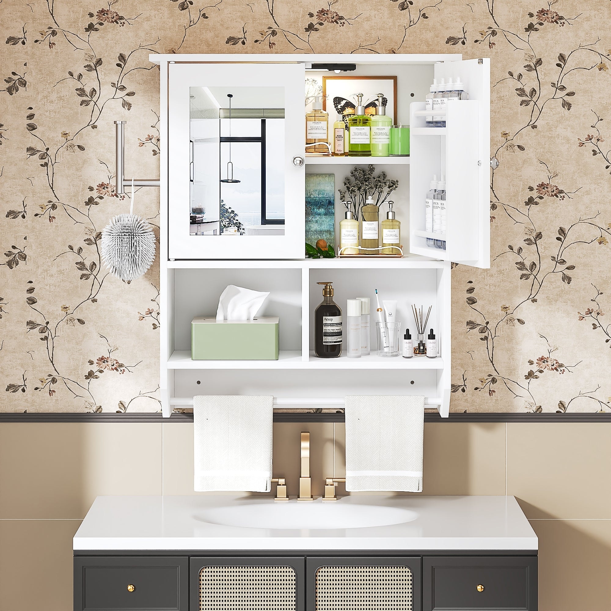 23.6" LED Wall Mounted Medicine Cabinet with Sensor Light Double Glass Door Mirror Cabinet with Adjustable Shelves Towel Bar