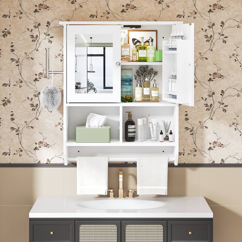 VECELO White Double Door LED Mirror Medicine Cabinet with Adjustable Shelves Tempered Glass Wall Mounted Bathroom Cabinet