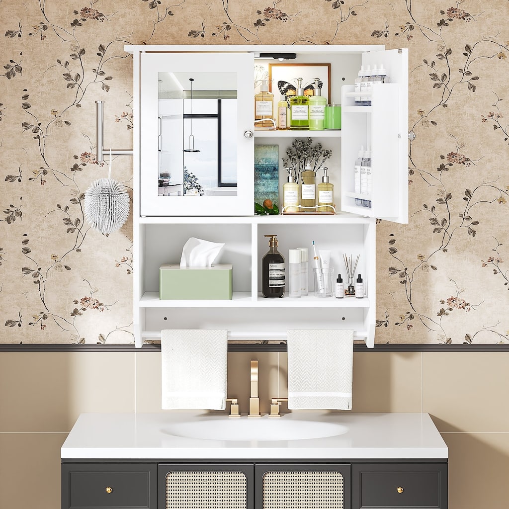 VECELO White Double Door LED Mirror Medicine Cabinet with Adjustable Shelves Tempered Glass Wall Mounted Bathroom Cabinet