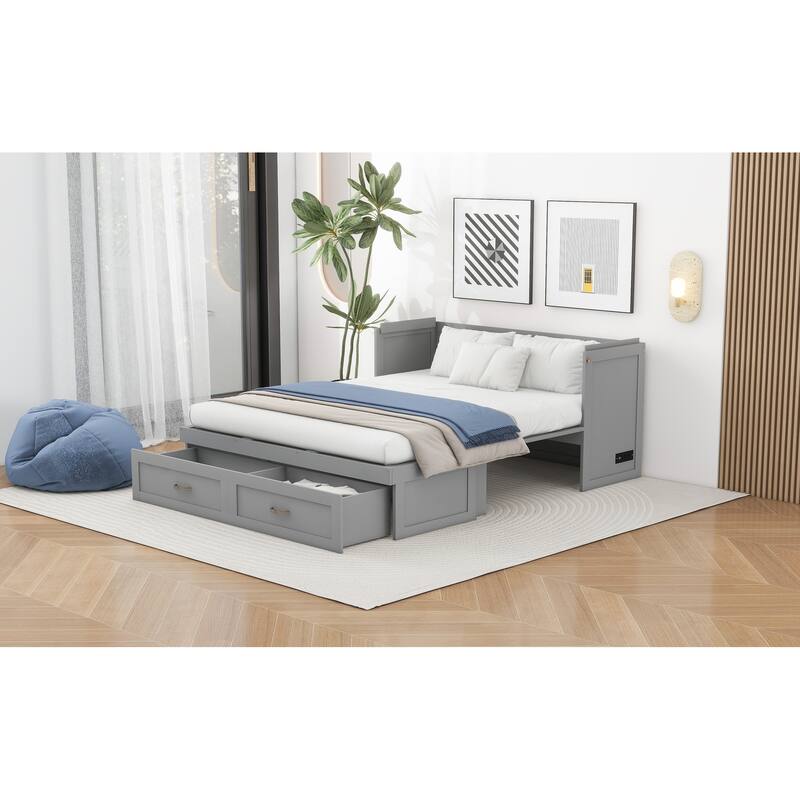 Space-Saving Design Murphy Bed with USB Ports, Large Drawers and Metal Handles