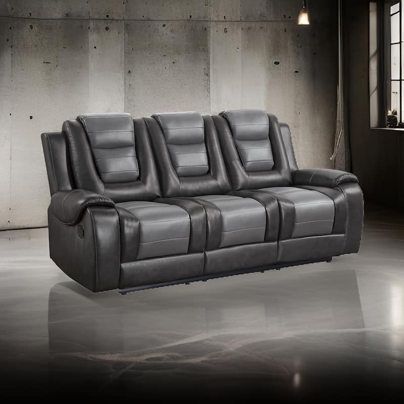 Istro 86 Inch Dual Manual Recliner Sofa, Drop Table, Gray Faux Leather