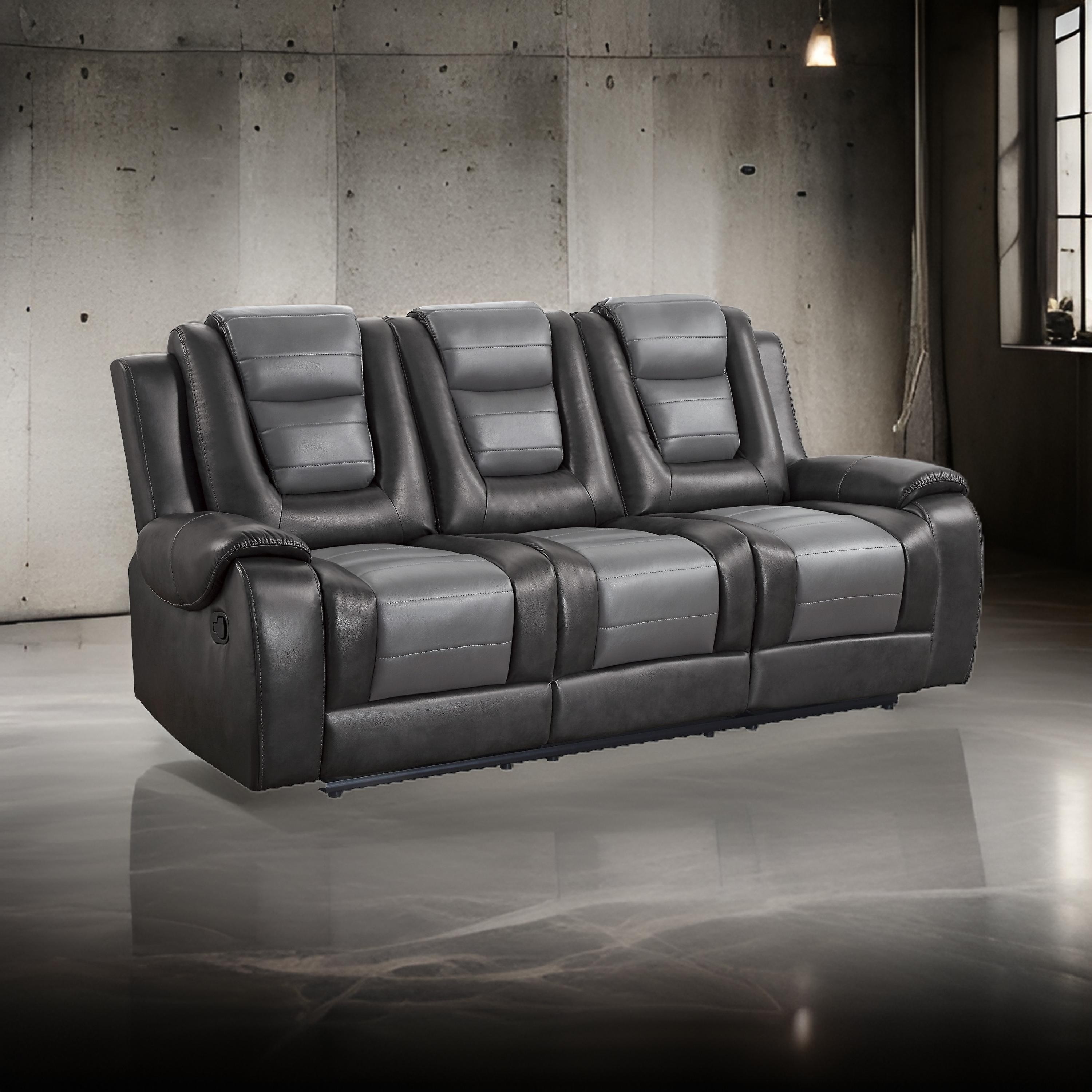 Benjara Istro 86 Inch Dual Manual Recliner Sofa, Drop Table, Gray Faux Leather