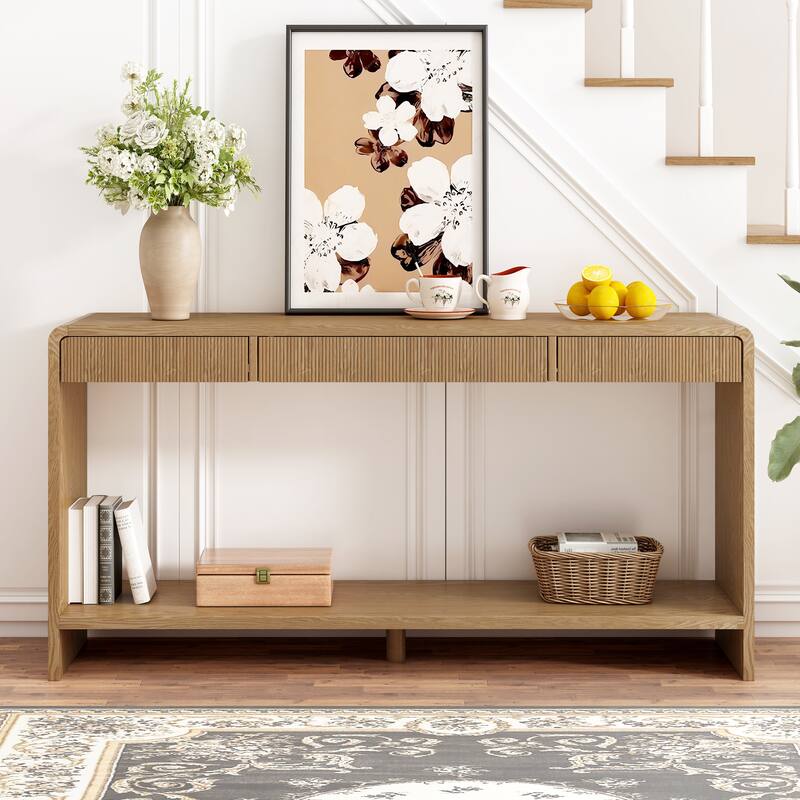Round Edge Design Modern Console Table with 3 Drawers Vertical Slats - Brown