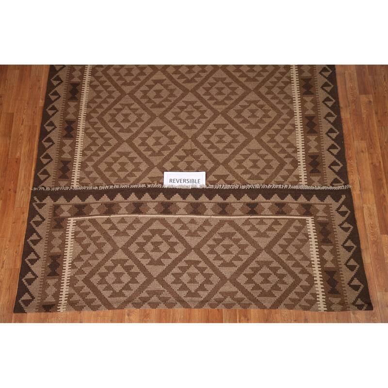 Brown Kilim Oriental Rug Flat-weave Reversible Geometric Wool Carpet - 6'9" x 9'6"