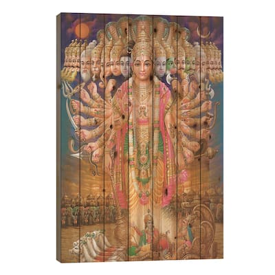Hindu God Vishnu As Virat Swaroop Print On Wood by Unknown Artist - Multi-Color