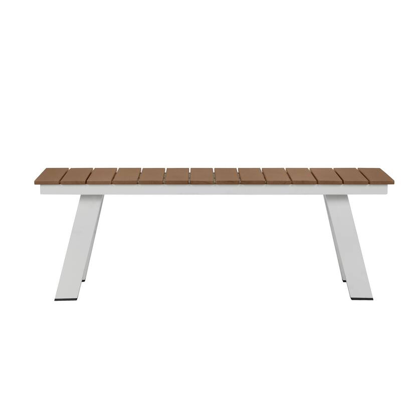 Zia 54 Inch Outdoor Dining Bench, Brown Polyresin Top, White Aluminum Frame