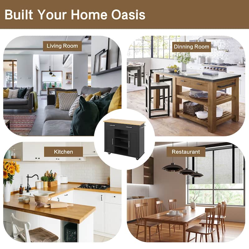 Rolling Kitchen Island with Storage Cabinet & Drawers - Rubber Wood Top for Dining & Kitchen Storage