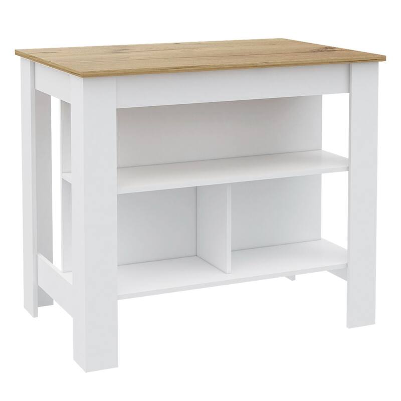 Spacious Kitchen Table Island, 3 Shelves, 35" High, Black & Light Oak Finish