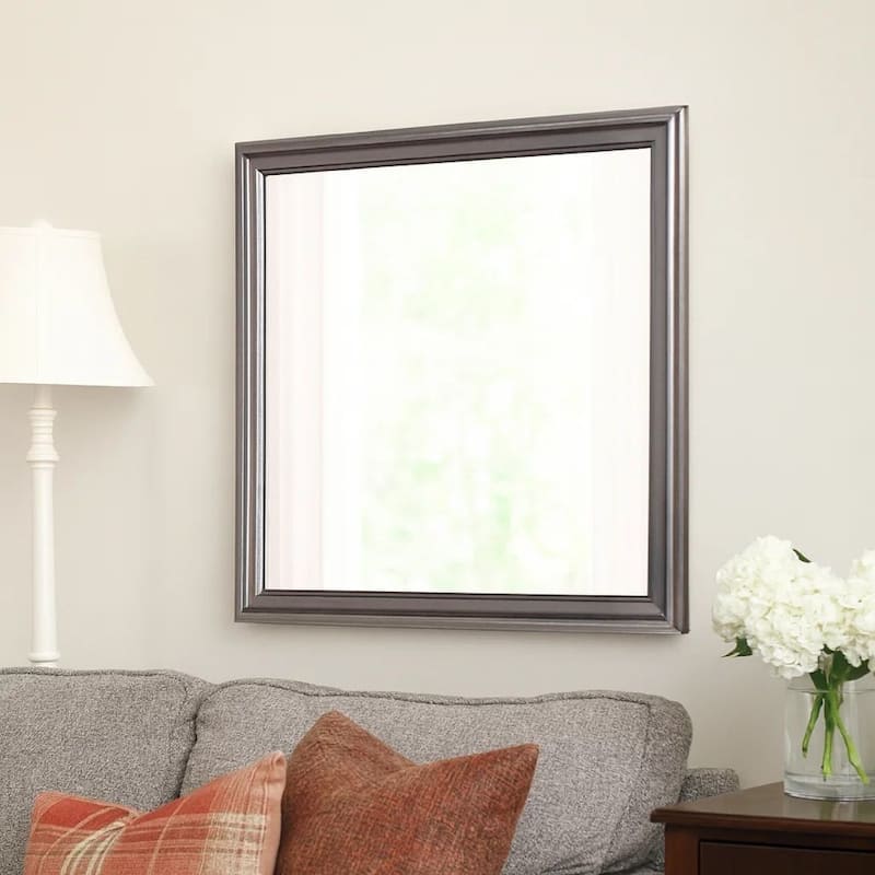 Wooden Frame Mirror with Mounting Hardware, Gray and Silver