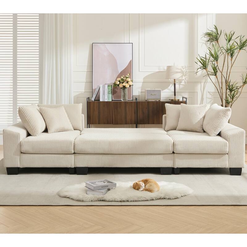 U Shaped Sofa Convertible Pull Out Sleeper Sofa Bed, 2 in 1 Recliner Sectional Couch, Corduroy Upholstery Daybed with Pillow