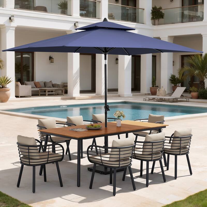 11PC Outdoor Patio Dining Set Aluminum Table with Sunbrella Cushion Chairs w/ Premium Market Umbrella Sets - BrownTable&CabChairs&NavyBlueUmbrella