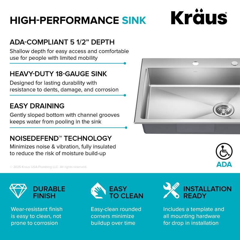 KRAUS Fairlane Drop In Top Mount 18 Gauge Stainless Steel Kitchen Sink