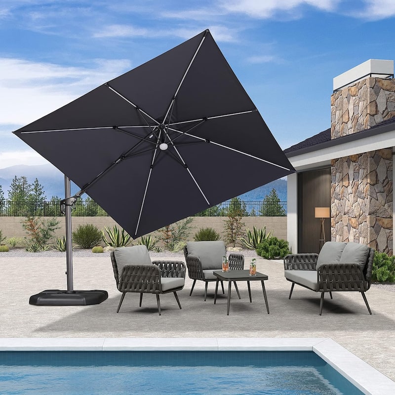 PURPLE LEAF 10 ft LED + Swivel Square Cantilever Umbrella With 360 Degree Rotation - Navy Blue