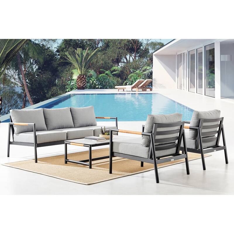 Crown 4 Piece Aluminum and Teak Outdoor Seating Set - Black
