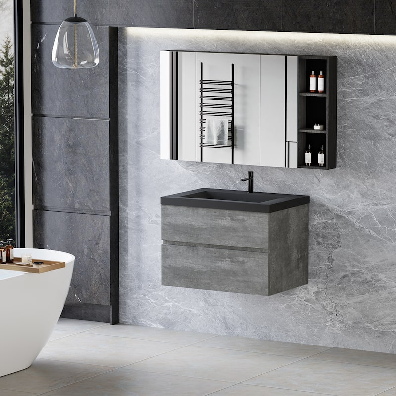 30"Bathroom Vanity with Sink,Wall-Mounted Bathroom Storage Vanity Cabinet with Black Quartz Sand Top Basin and Soft Close Drawer