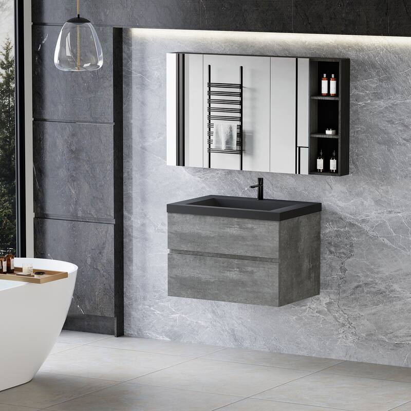 36" Wall-Mounted Floating Vanity with Premium Quartz Sand Basin, Grey Modern Storage Cabinet