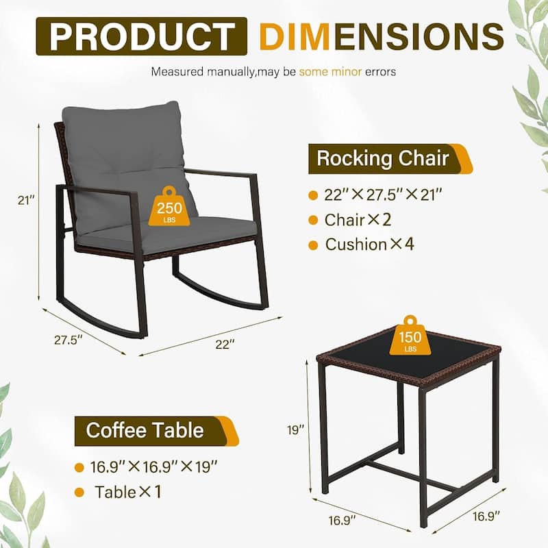 SUNCROWN 3-piece Outdoor Patio Brown/Black Wicker Rocking Chairs Conversation Bistro Set