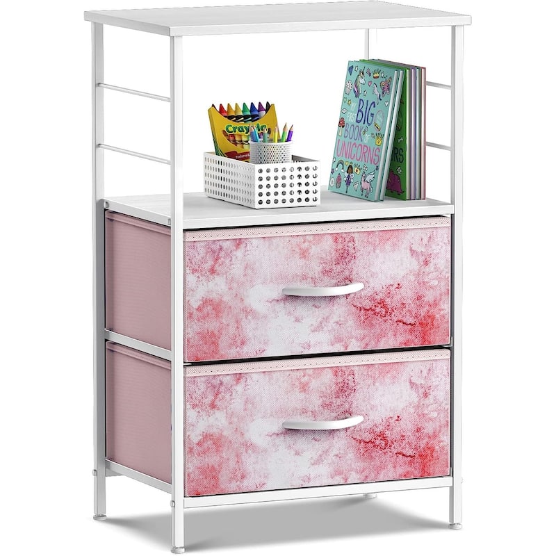 Nightstand 2-Drawer Shelf Storage - Bedside Furniture End Table Chest - Tie-Dye Pink