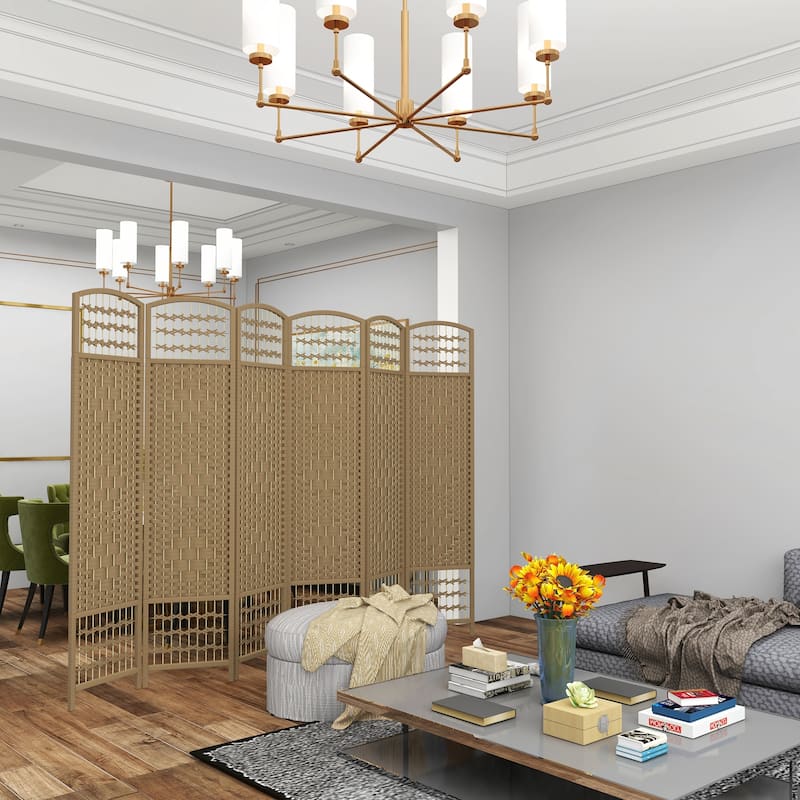 Freestanding Wave Fiber Partition Folding Privacy Screen for Home and Office - Natural Wood - 6 Panel