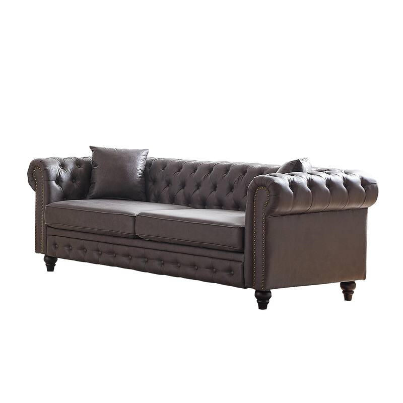 Grey 85.5" Tech Fabric 3-Seater Chesterfield Sofa with Rolled Arms, 2 Cushions