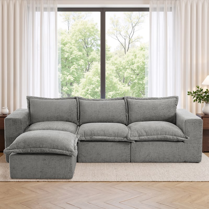 Chenille No Assembly Modular Sectional Sofa Cloud Couch with Ottoman - Grey-4Piece