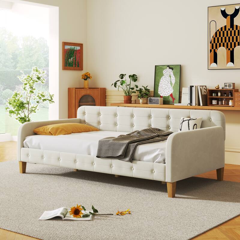 Modern Twin/Full Size Upholstered Daybed, Velvet Fabric, Sturdy Pine Wood Frame, White/Pink - White - Twin