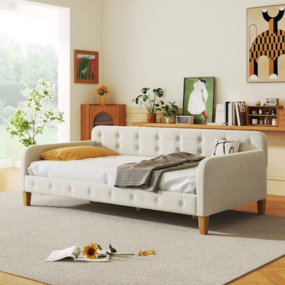 Twin Size Upholstered Daybed with 4 Support Legs, White