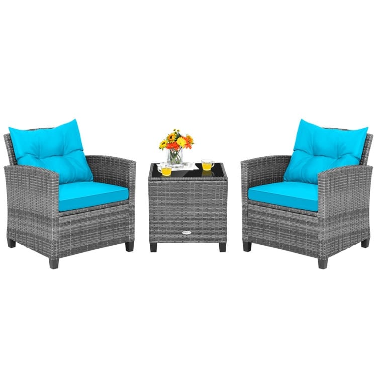3-Piece Outdoor Wicker Patio Furniture Set with Tempered Glass Coffee Table - 26.5" x 26.5" x 30" (L x W x H)