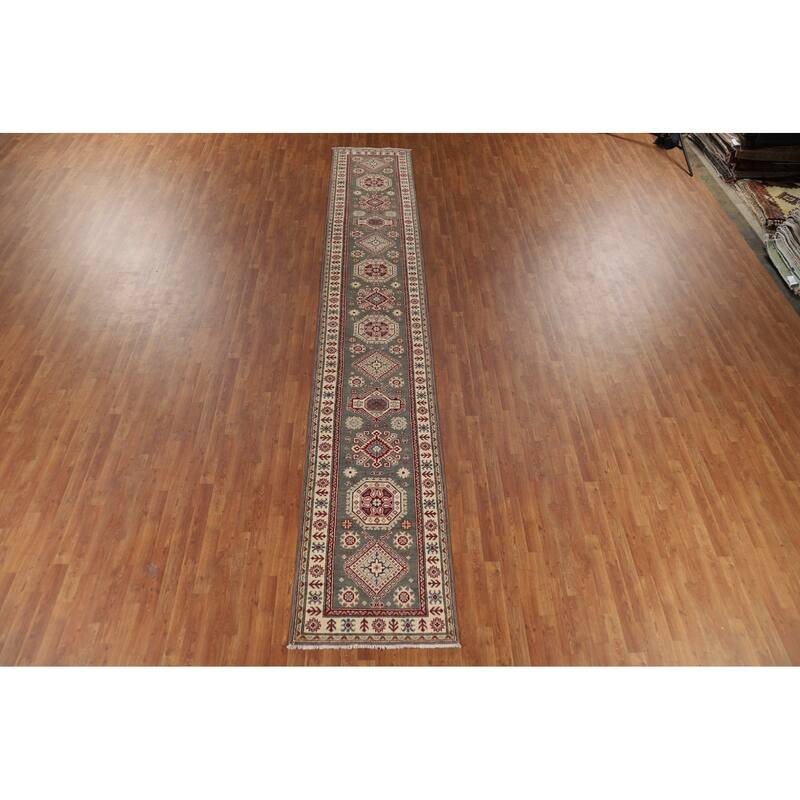 Geometric Kazak Runner Rug Handmade Oriental Grey Wool Carpet - 2'7" x 16'3"