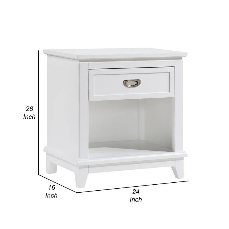 Sely Nightstand, 1 Drawer w Open Cubby, White Wood, Ring Handle