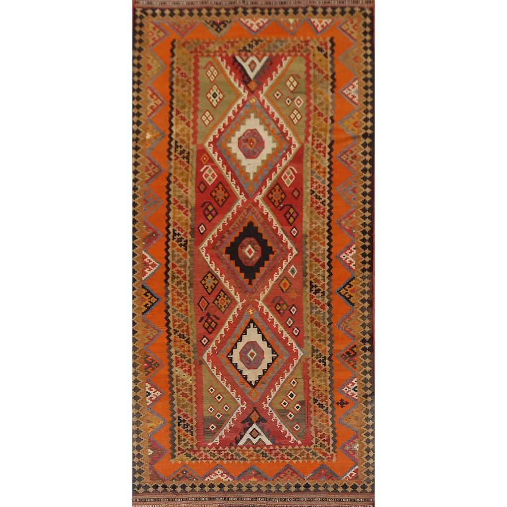 Vegetable Dye Kilim Qashqai Persian Antique Rug Handmade Wool Carpet - 4'9"x 12'1"