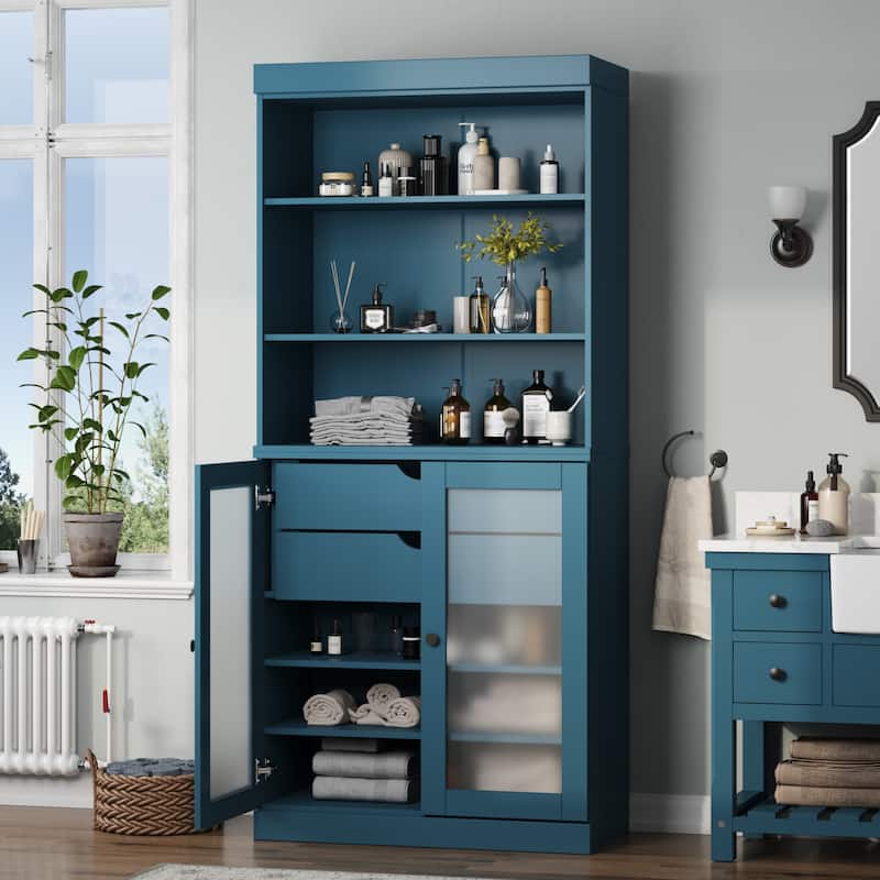 100% Solid Wood 32" Bathroom Cabinet with Optional Doors, 2-Drawers by Palace Imports - Teal Blue - 2 Frosted Glass Doors