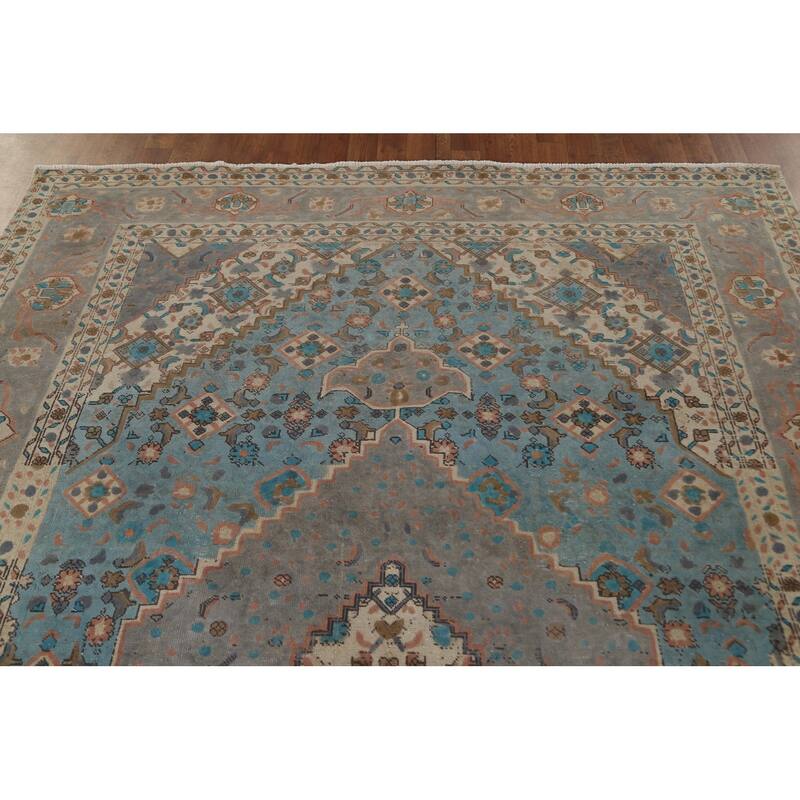 Blue Over-Dyed Tabriz Persian Vintage Rug Hand-Knotted Wool Carpet - 6'9"x 9'9"