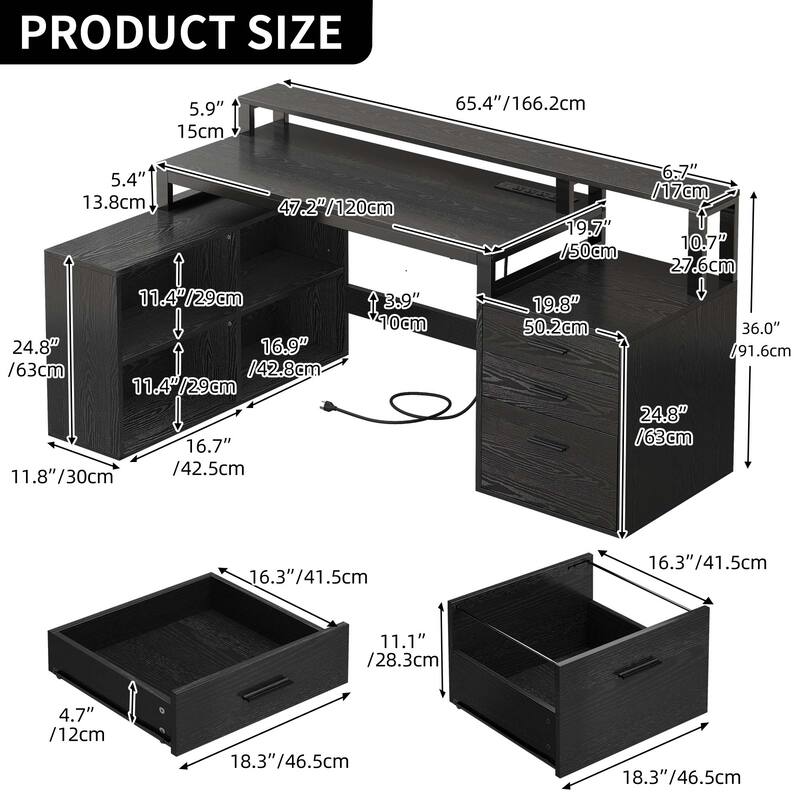 Moasis 65-inch L Shaped Computer Office Desk with Cabinet Drawers Gaming Desk w/Power Outlets & LED Lights