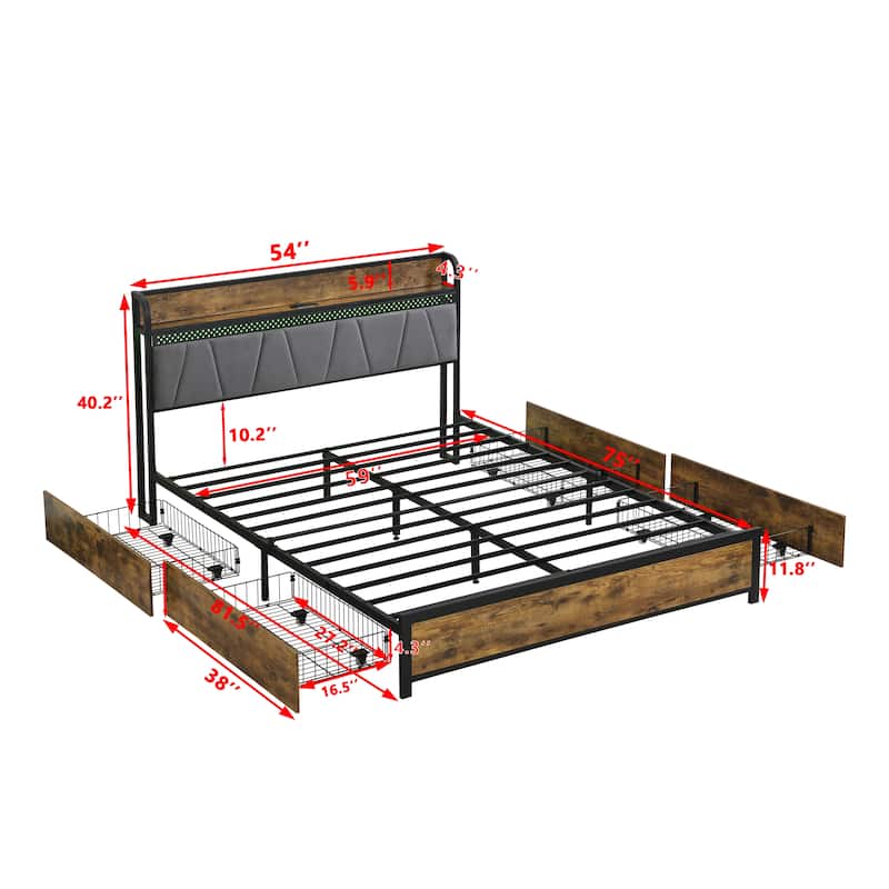 Bed Frame, Storage Headboard with Charging Station and 4 Storage Drawers,LED Lights