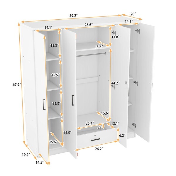 4-Door Lockable Wardrobe with Drawer & Shelves, Contemporary MDF
