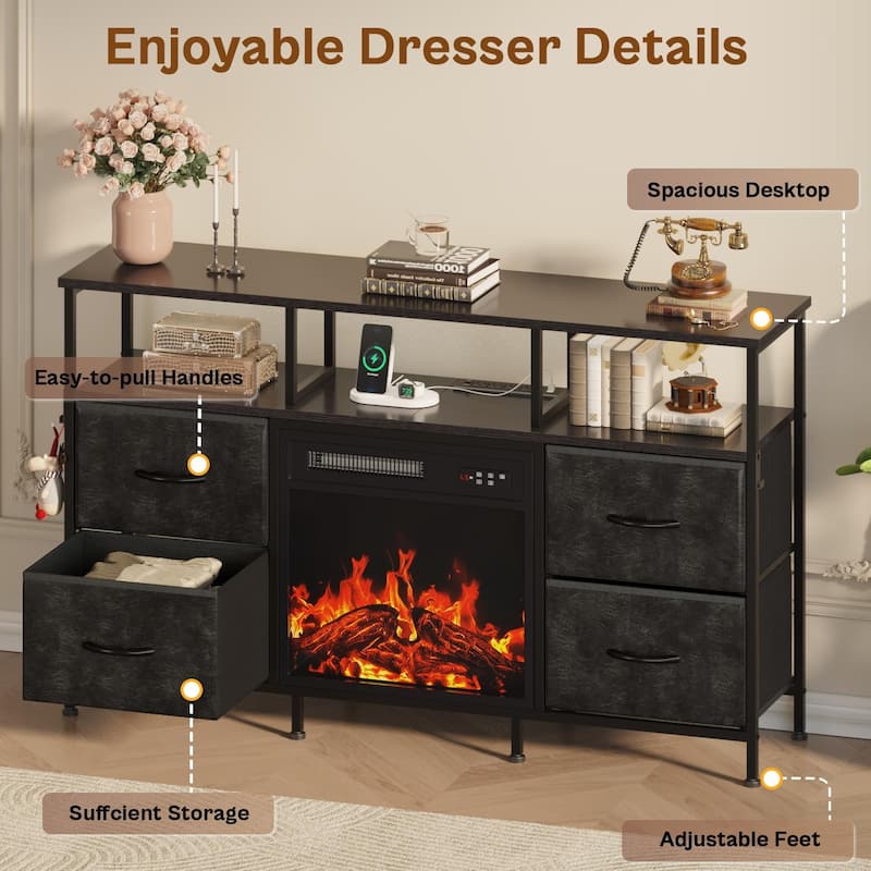 BOSSIN Fireplace TV Stand & Entertainment Center with LED Lights, 4 PU Leather Drawers, Open Shelves, and Built-in Power Outlets