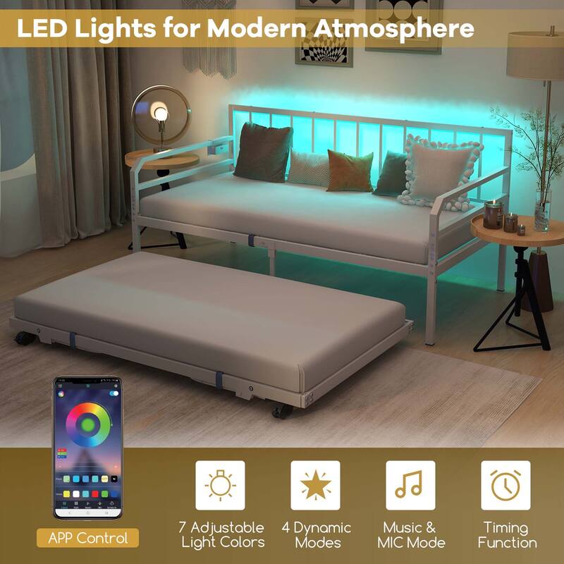Costway Twin Size Daybed with Pop-up Trundle Charging Station & LED