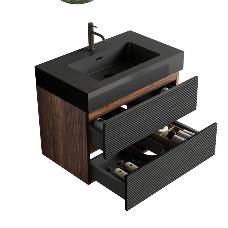 36" Wall-Mounted Bathroom Vanity With Ceramic Art Sink, and Storage Shelves, Soft-Close Door, KD-Packing, Plywood