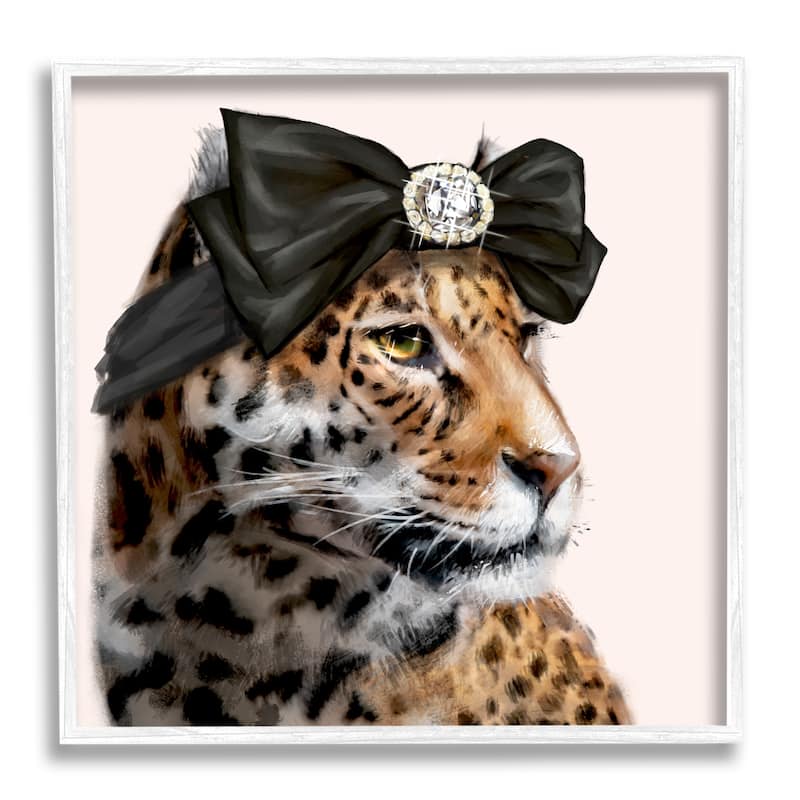 Stupell Glam Leopard Fancy Hair Bow Safari Animal Fashion Framed Wall Art - Orange - 17 x 17 - White