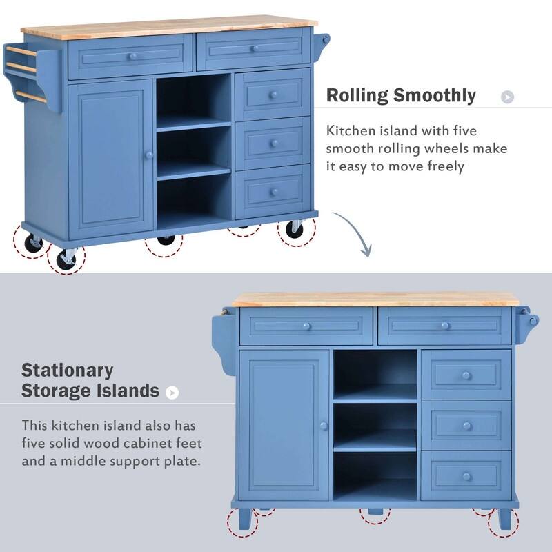 53-Inch Width kitchen Island cart with storage and 5 draws