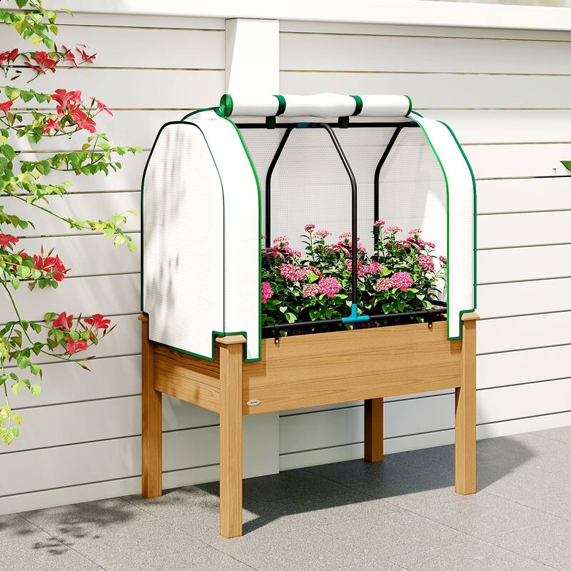 Outsunny Raised Garden Bed with PE Greenhouse Cover Outdoor Elevated Wood Planter Box , 35 x 22 x 47 inch