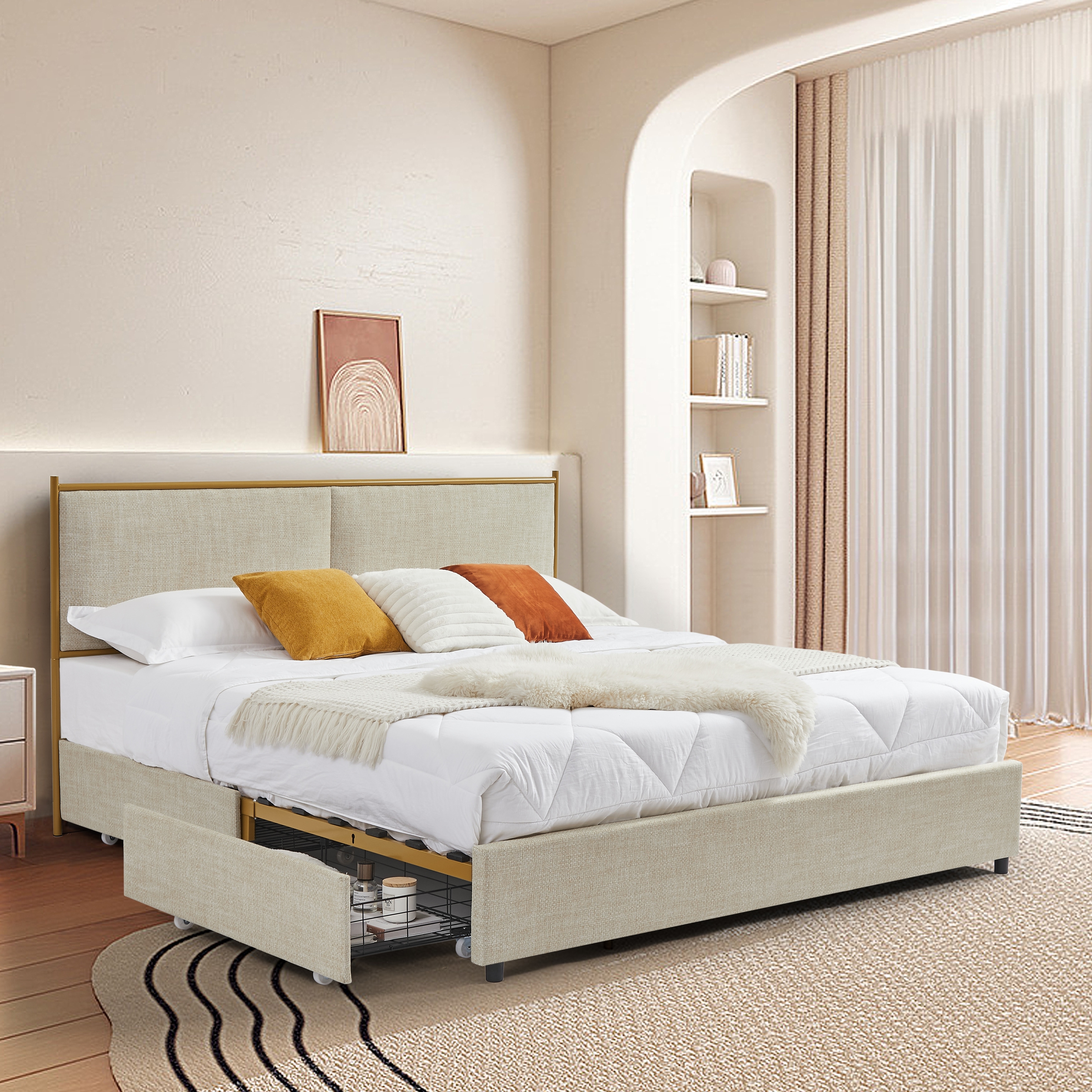 Metal Bed Frame Solid Wood Ribs with 4 Storage Drawers Sponge Soft Bag Light Camel