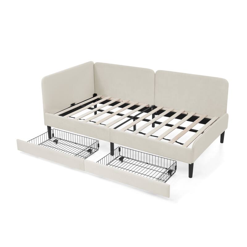 Roomfitters Twin/Full Upholstered Platform Bed with Side Backrest and Underbed Storage Trundle