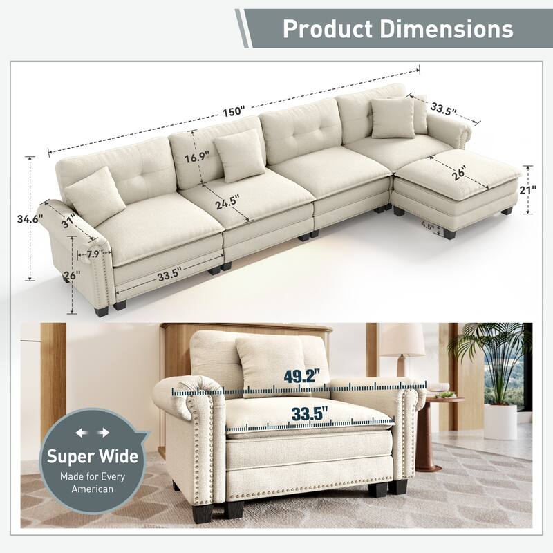 MAISON ARTS Mid-Century Modern Oversized L/U Shaped Cloud Couch with Ottoman, Deep Seat Sectional Sofa with Throw Pillows