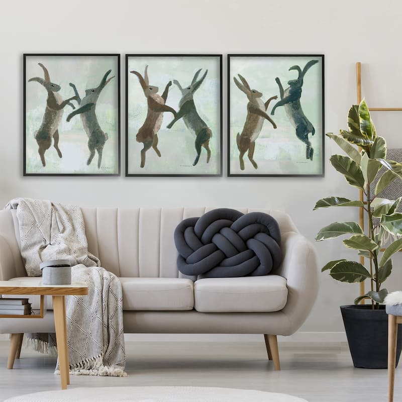 Stupell Battling Hares in Neutral Tones Framed Giclee Art Design By Kay Widdowson (Set of 3)