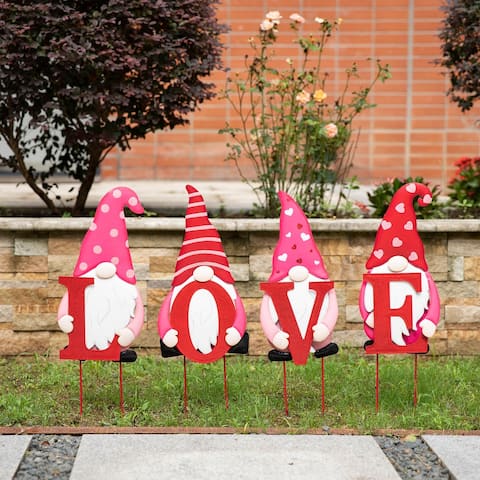 Glitzhome Set of 4 Metal Valentine's LOVE Gnome Yard Stake Hanging Sign